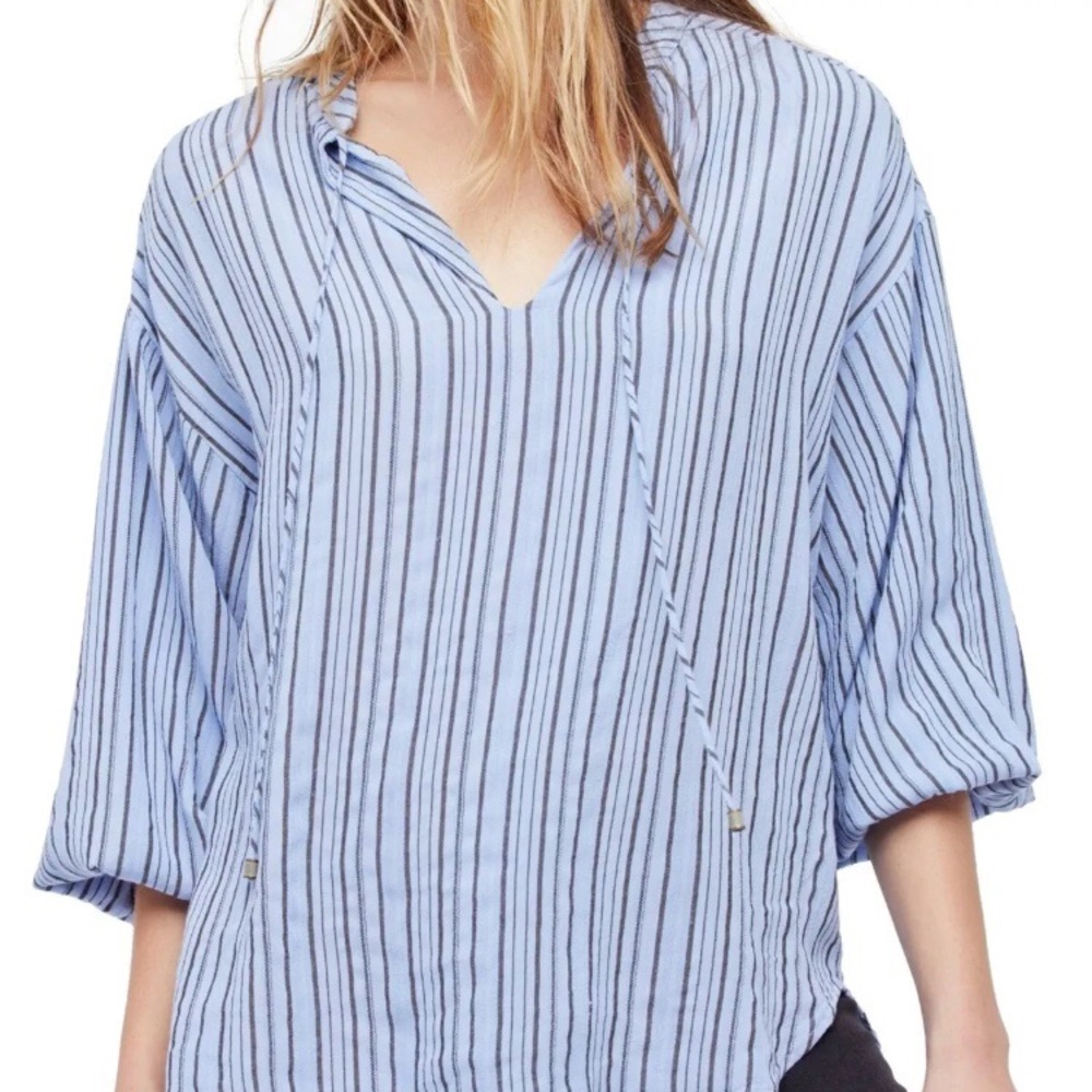 Free People Blue Womens Sz M Striped Blouse